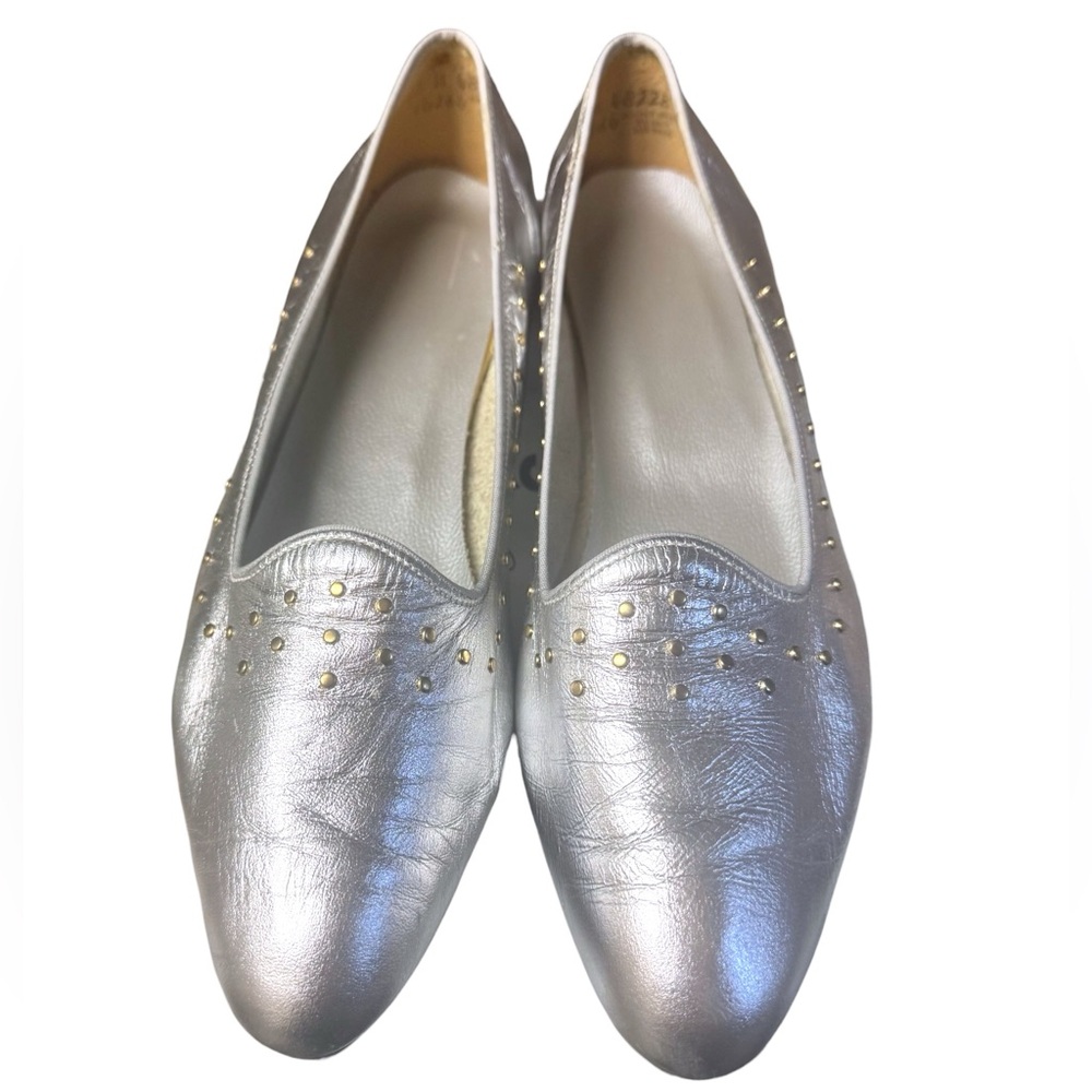 SELBY Late 80’s Metallic Silver Leather Loafers Flats w/Gold Studs Sz 10